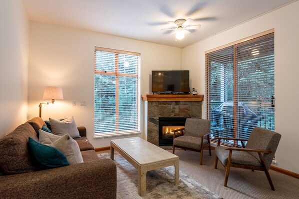 Living area: Gas fireplace, TV, sofa bed