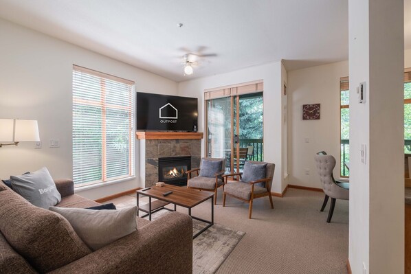 Living area: Gas fireplace, TV, sofa bed