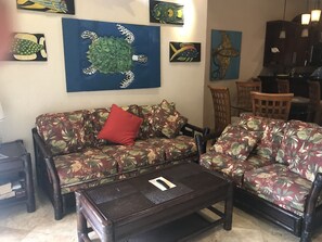 Queen sofa bed in the living room area
