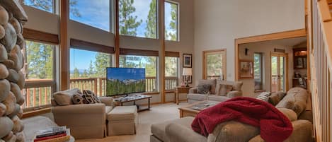 Northstar Conifer Luxury Home - a SkyRun North Tahoe Property - Living Room - Open, spacious, floor to ceiling windows, lots of light, views