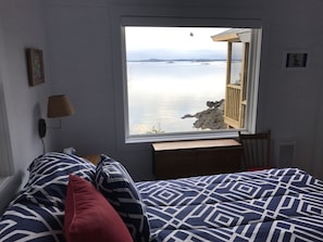 Master bedroom, queen bed, entry to porch, STUNNING VIEWS
