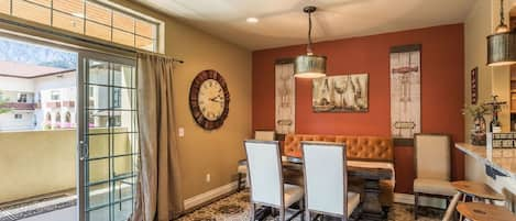 Spacious dining room that adjoins the living room and wrap-around deck