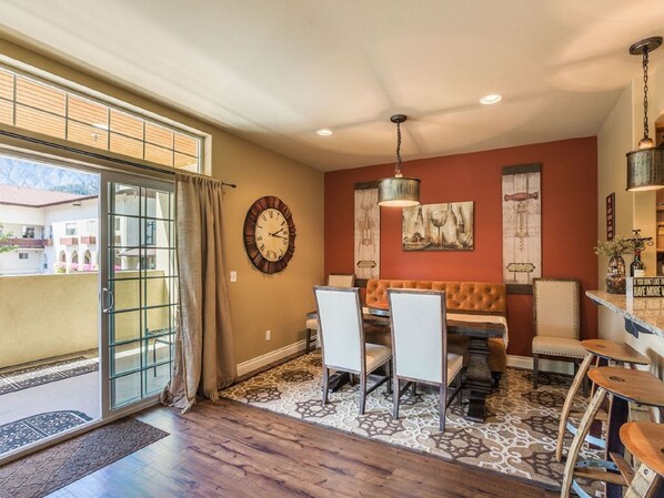 Spacious dining room that adjoins the living room and wrap-around deck