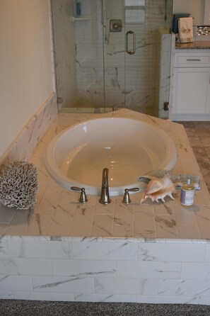 Oversized bathtub in the upstairs master bath where you can sit & see the ocean