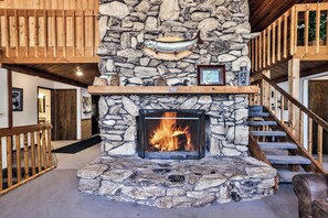 Gorgeous stone fireplace to get all cozy on cold winter days