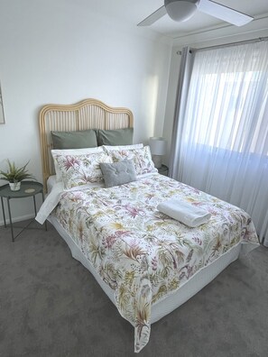 2nd bedroom with double bed, air con and ceiling fan