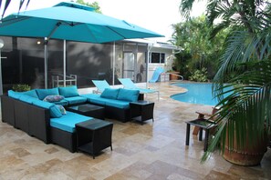 Take swim in heated pool and relax after that on new pool deck.