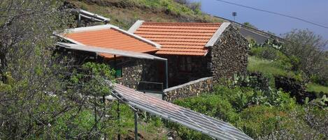 Vista exterior con huertos, arboles frutales, placas solares y terraza soleada.