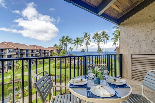 Enjoy morning coffee and sunsets from  your private lanai offering views of the Pacific, Molokai and Lanai