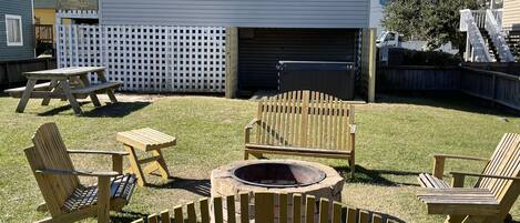 Fully fenced in Backyard with firepit, picnic table and hot tub