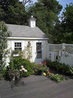 Garden shed, deck and gardens