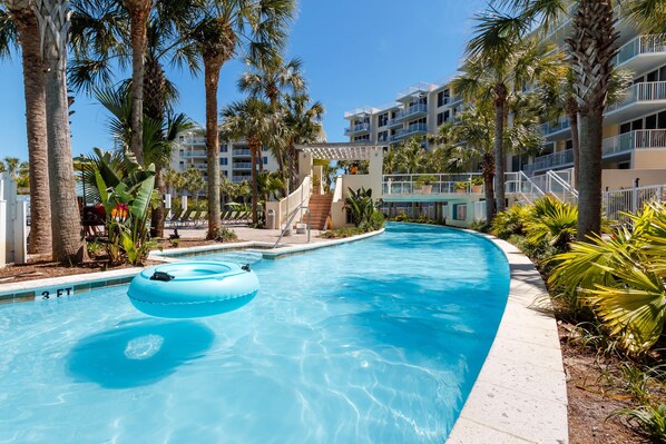 The 700 ft. lazy river at the bayside pool area among other pools.