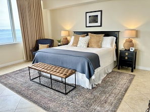Our serene master bedroom with a comfortable King bed & views all around!!