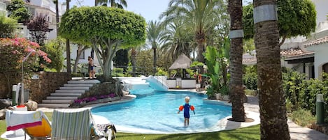 The pool area have lifeguards on duty in July and August 