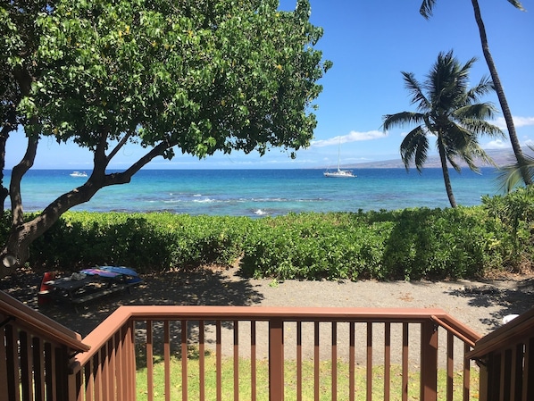 View of the ocean and front lawn from the deck. Snorkel boats in the distance.