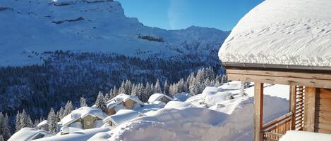 vue depuis la terrasse sur les chalets du hameau et les montagnes