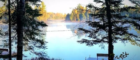 Early Fall Morning view from your cabin and  with your Private Dock and Row Boat