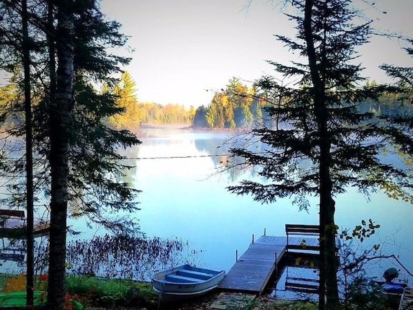 Early Fall Morning view from your cabin and  with your Private Dock and Row Boat