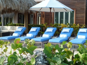 The villa is equipped with 12 lounge chairs that overlook the ocean.