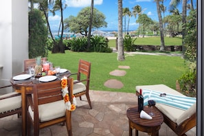 Ocean and beach view lanai! - Watch the whales breach from your ocean and beach view lanai with dining table, chaise lounge and end table!