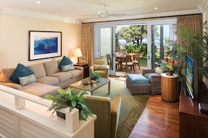 Living room with ocean view! - with pull-out gel memory foam sofa bed and 55" SMART TV and ceiling fan.