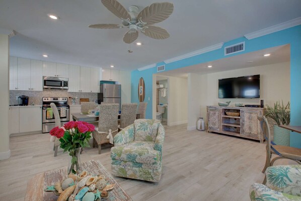 Leatherback's living room with a large flatscreen TV for movie nights and popcorn.