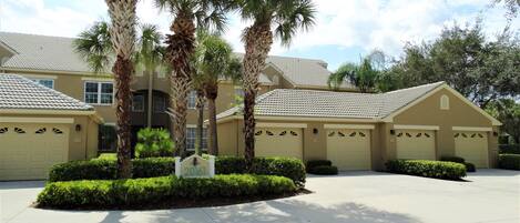 Front of this second floor unit with detached garage