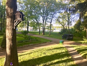 View from the shaded cozy cabin porch, bird house has renters as well