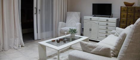 Salón del apartamento, sofá cama, sillón, televisión por cable, wifi. 