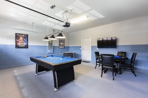 Game Room with 4K TV, Poker Table, Pool Table & Foosball Table