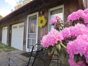 Front entrance is flanked by huge Rhododendrun bush