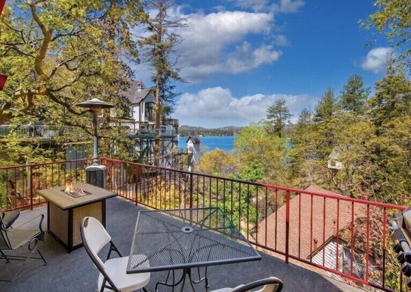 Part of our great view from the deck and dining room with gas firepit table lit