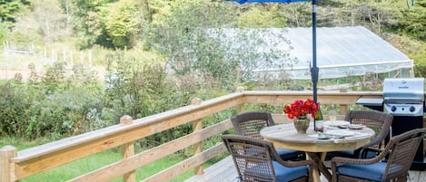 Rock House Creek-side dining on new deck with gas grill.