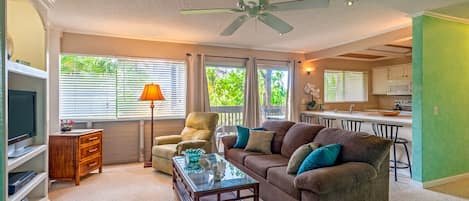 Sandpiper 120A | Kauai Vacation Rentals | Princeville Condos 1 - Sandpiper 120A | Kauai Vacation Rentals | Princeville Condos | comfortable living room, great for lounging (or working if you have to)