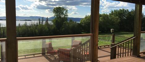 The view from two levels of the massive 4 level deck overlooking Flathead Lake.