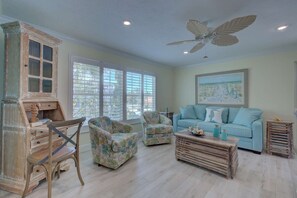 Work space area just of the living room.  Sofa can be pulled out for a queen bed if needed for guests.
