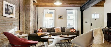 Living room with exposed beams