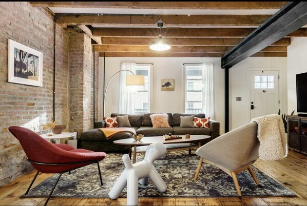 Living room with exposed beams