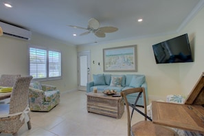 This living room has a desk area for your personal computer and the sofa converts to a queen bed for guests.