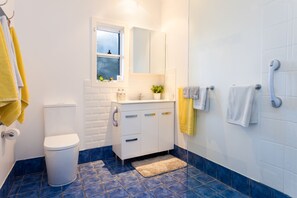 Bathroom suitable for a wheelchair and has hand grips