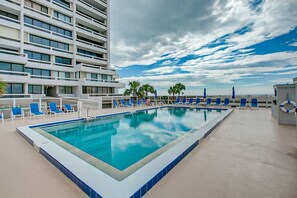 The Terrace community heated swimming pool overlooking the beach.