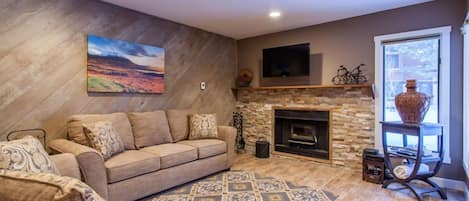 Living Room / Wood Burning Stove / Queen Sleeper Sofa / Twin