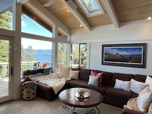 Very large and comfortable living room couch with stunning views.