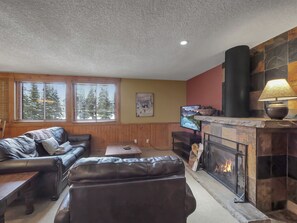 Cozy living room area with a beautiful gas fireplace.