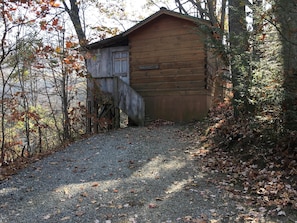 Outside of the cabin as you drive up