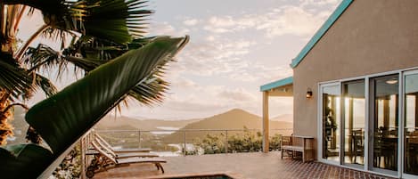 The view from the outside pool rinse shower, looking out into Coral Bay Harbor