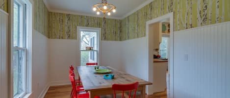 Dining room with farmhouse table and seating for the whole family