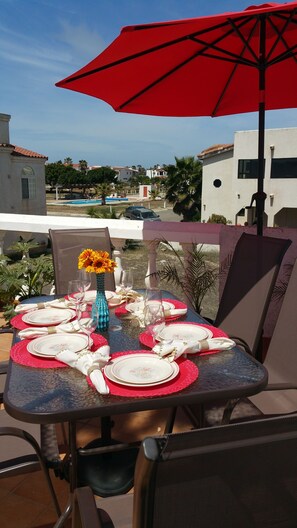 The Main Terrace with table seating for 8 and total seating for 10.