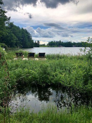 Secluded lakeside with multiple seating areas to relax