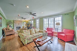 The 2,000-square-foot property sleeps up to 13 guests.